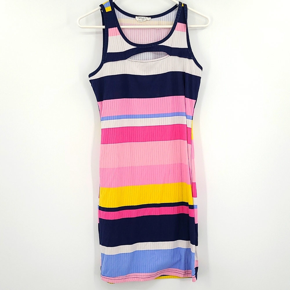 Full Circle Trends Large Pink Blue White yellow striped sleeveless mini dress